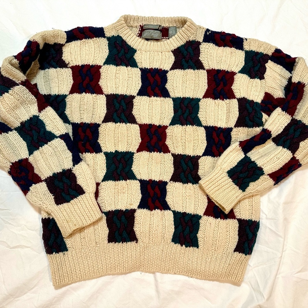Vintage 90s handknit patchwork wool sweater men’s medium